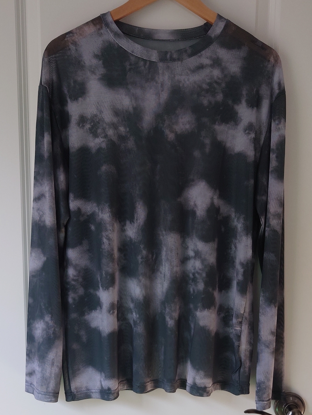 Women's Long Sleeve Tie-dye Sheer Crewneck Shirt - Green/Grey Size L
